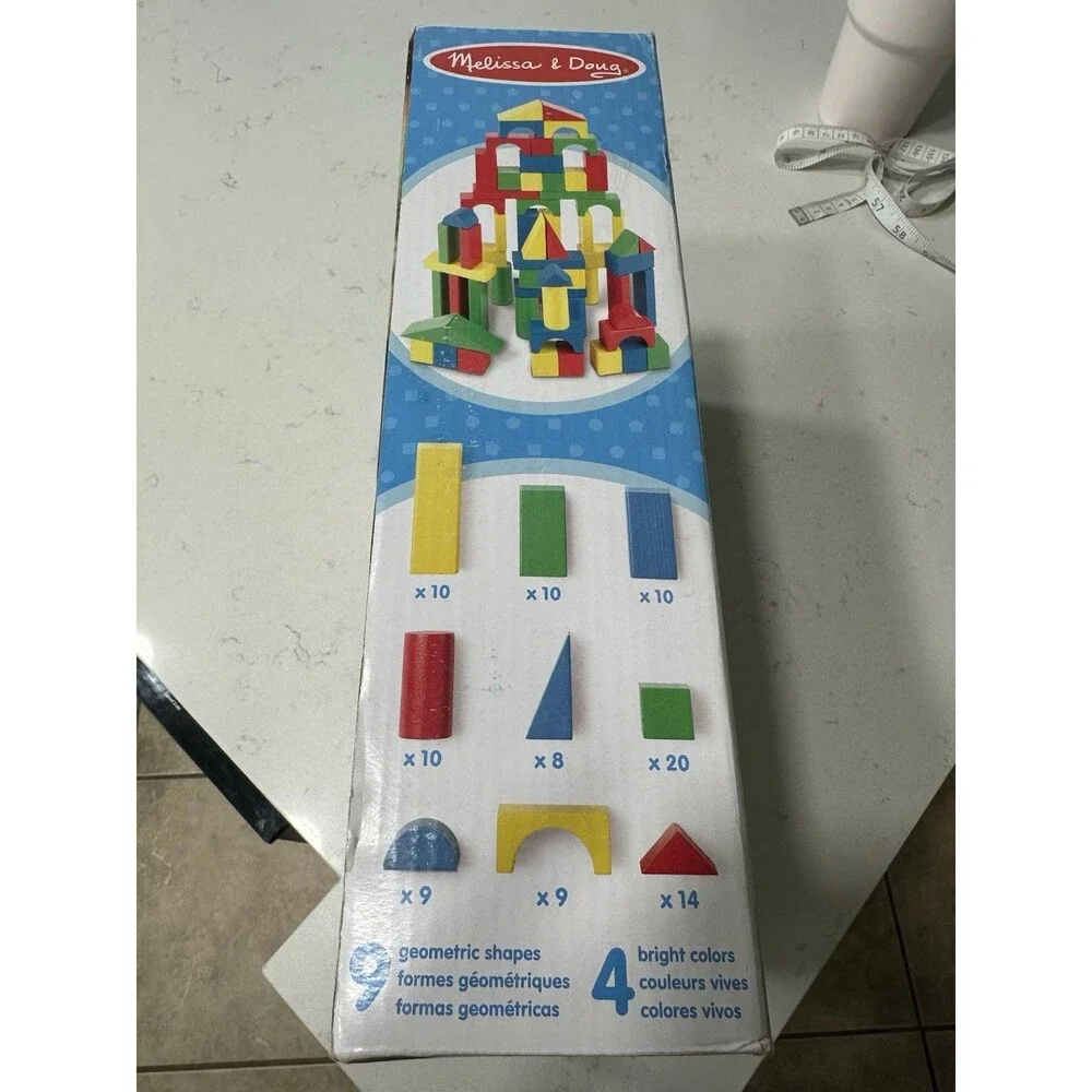 Melissa & Doug 100 Solid Wood Building Blocks Set 9 Shapes Ages 2+ New Sealed